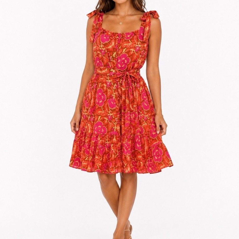 Cleobella Rowan Mini Dress L Orange Floral Print Tropical Resort Luxe Boho New